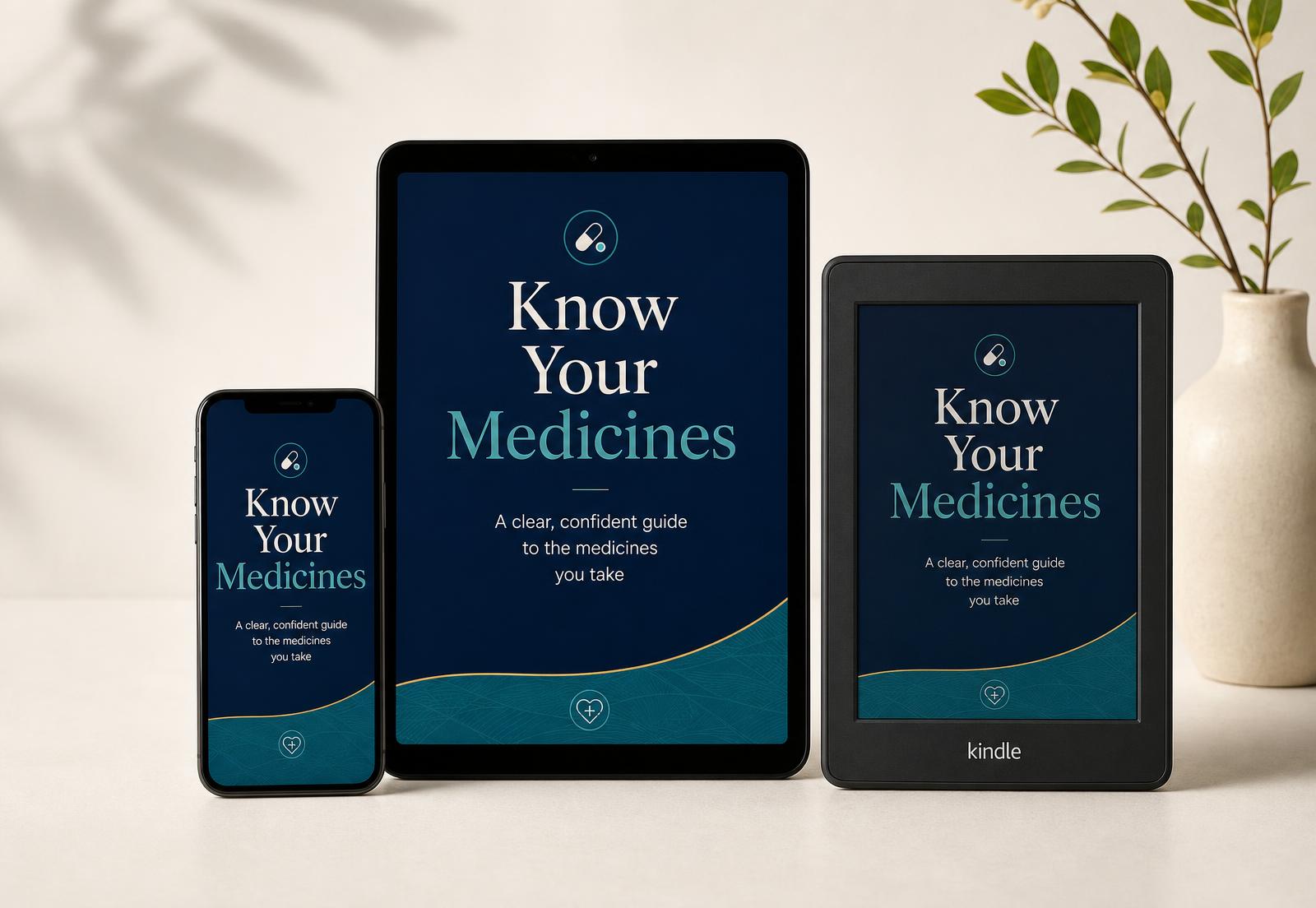 Know Your Medicines eBook shown on a smartphone, tablet and e-reader