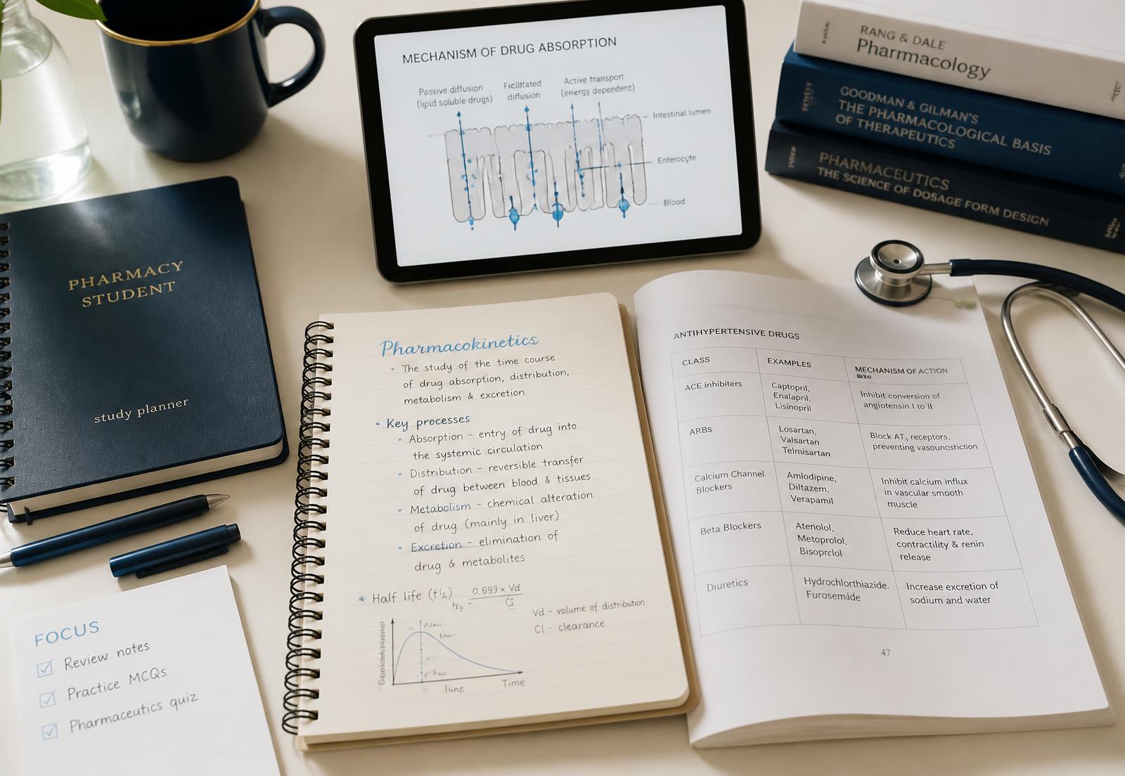 Study desk with pharmacy notes, printed material and a tablet